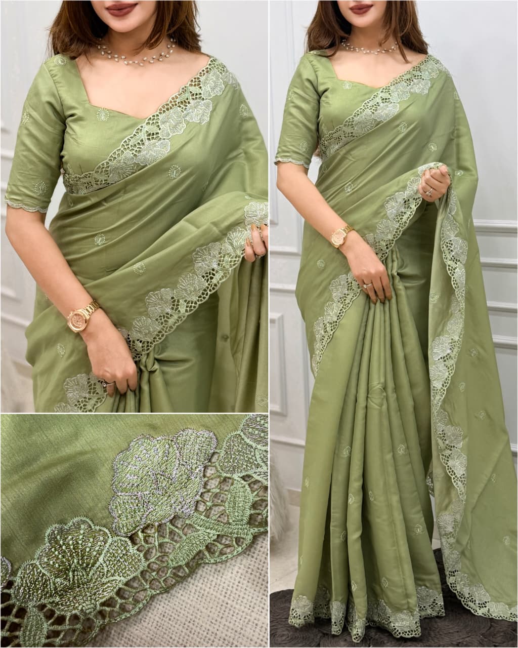 Korean tusser trendy zari embroidery saree
