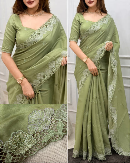 Korean tusser trendy zari embroidery saree