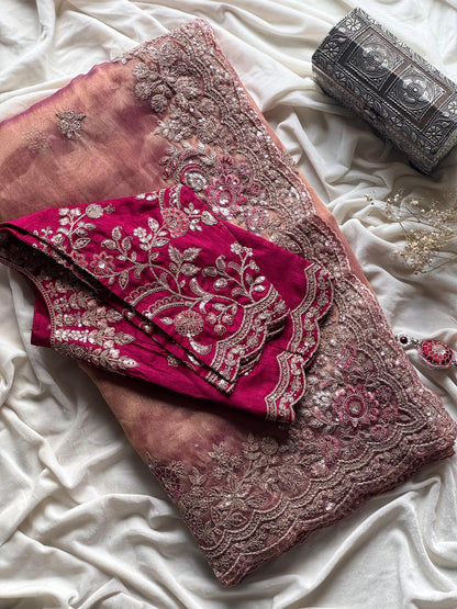 Blush Pink Premium Tissue Luxe Sequence saree with stitched blouse