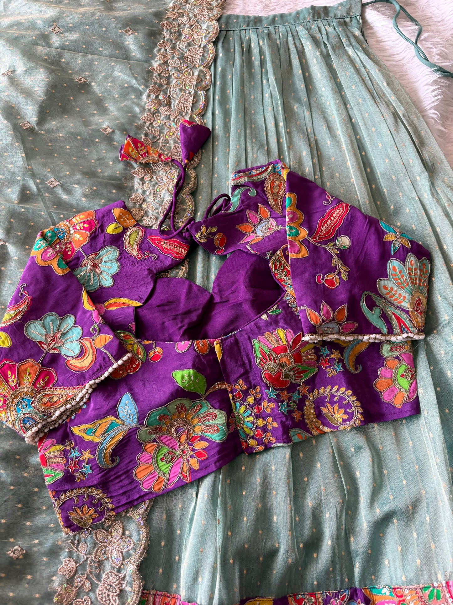 Position embroidery salsa handwork  designer lehenga