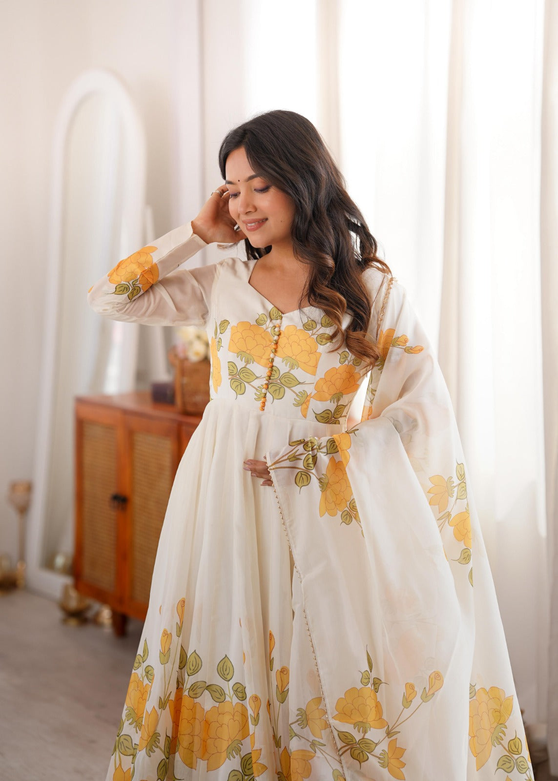 Classic Yellow Floral Printed Organza Anarkali sets
