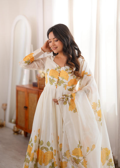 Classic Yellow Floral Printed Organza Anarkali sets