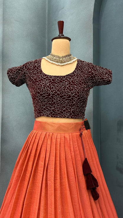 South tissue silk with velvet machine  work lehenga