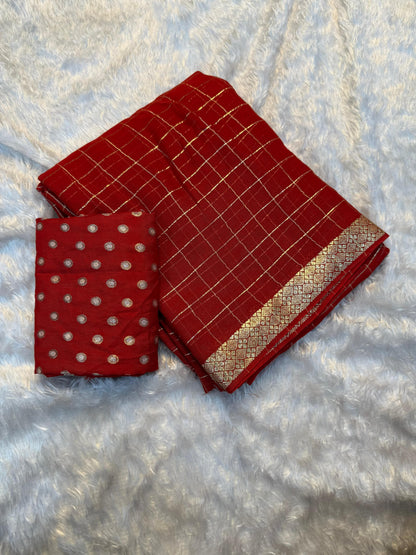 Trendy pure soft checks Chinon saree