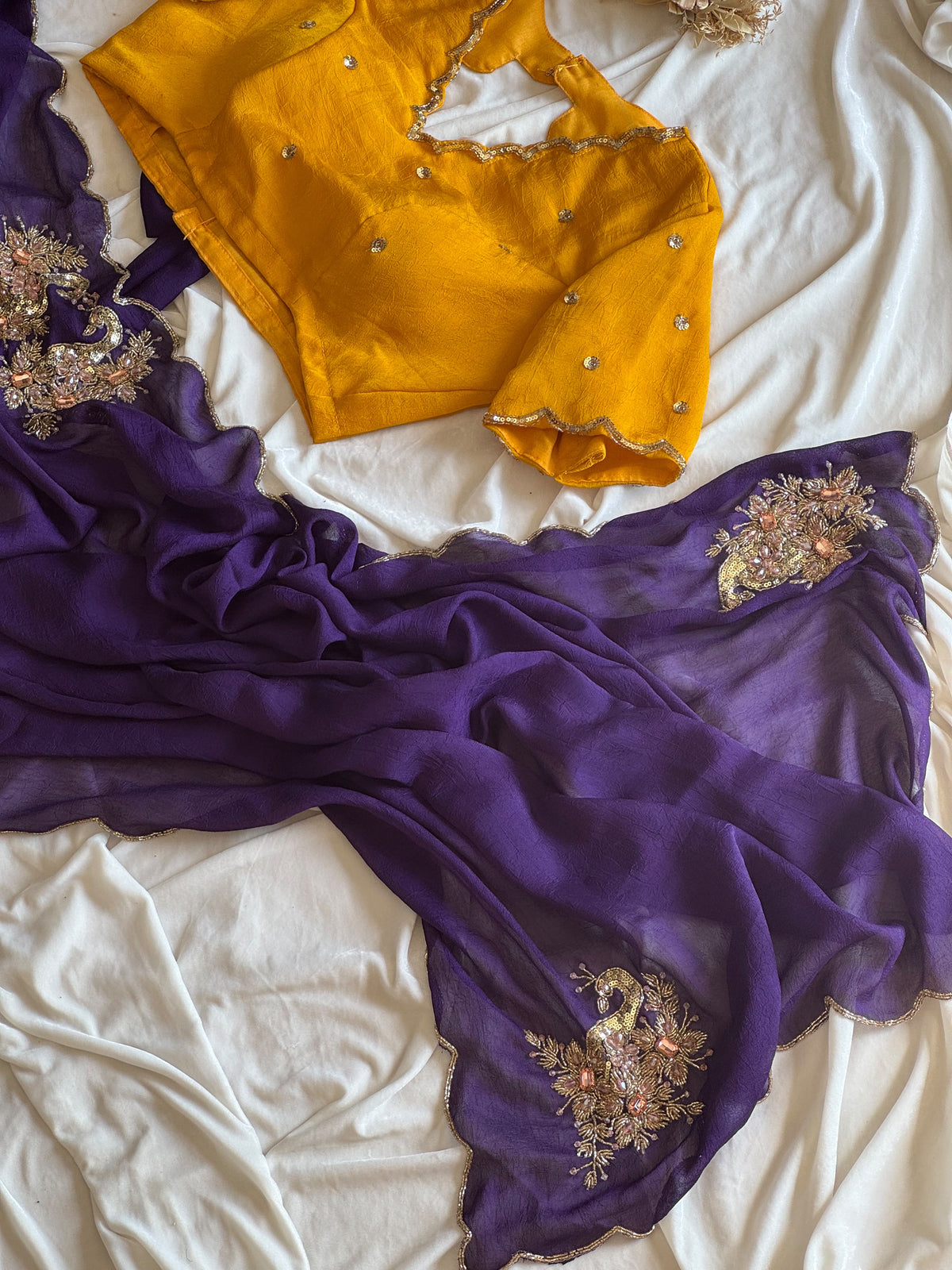Rangoli purple yellow crush saree with stitched blouse