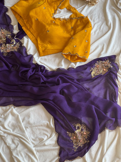 Rangoli purple yellow crush saree with stitched blouse