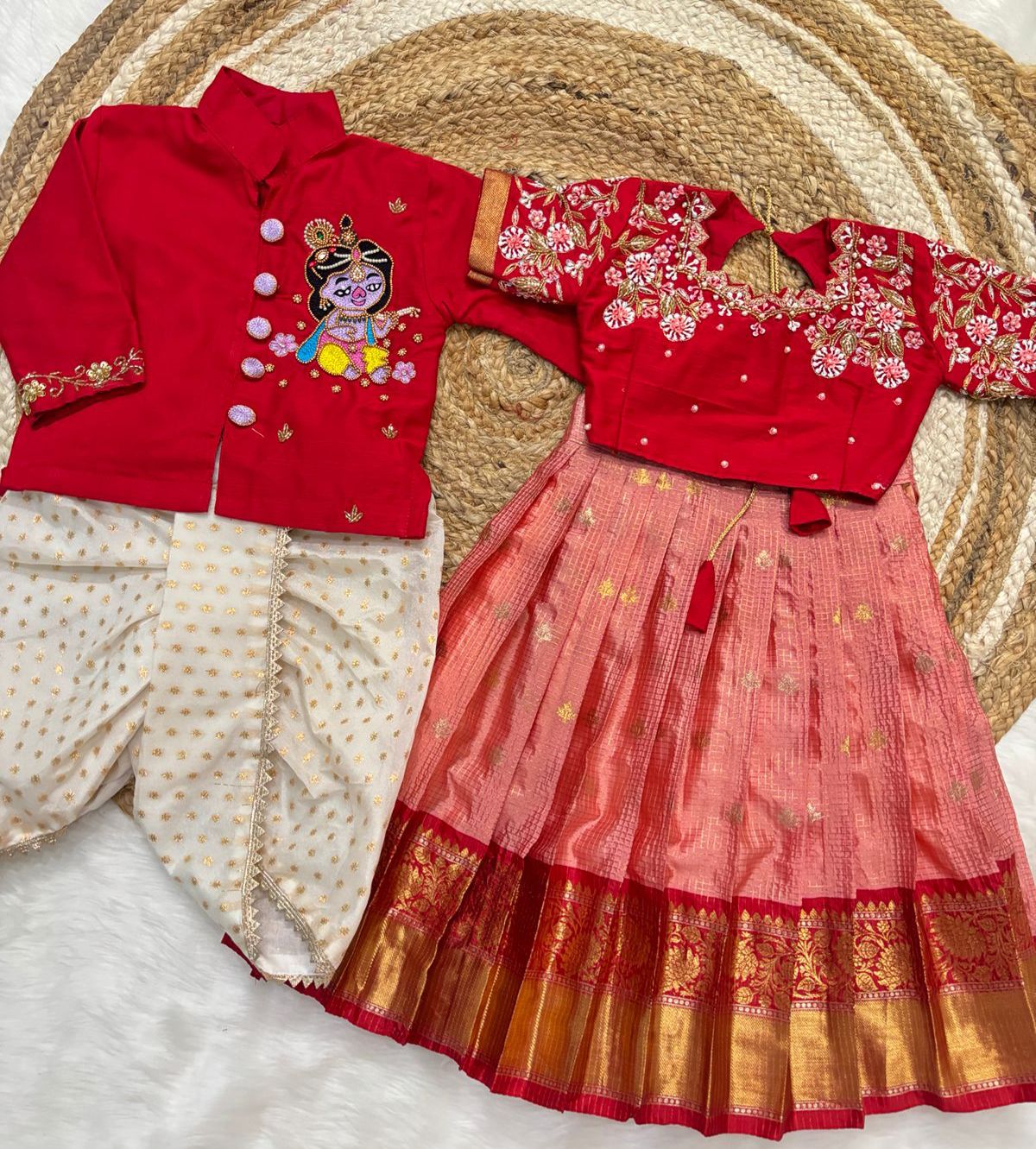 MAGGAM WORK KIDS ETHNIC WEAR BOY KURTA WITH  GIRL CUTE WEAR