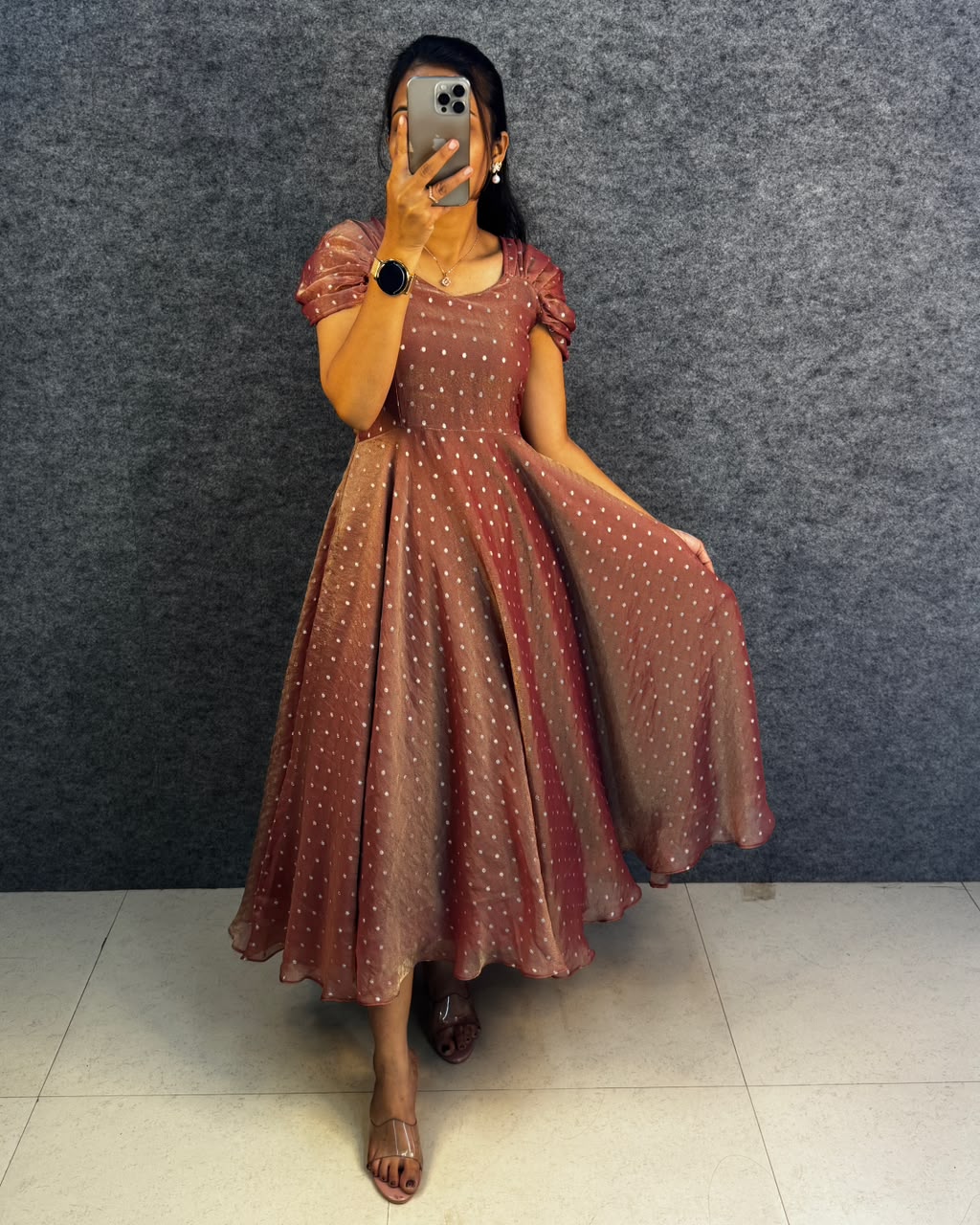 Designer princess party wear tissue butti midi gown