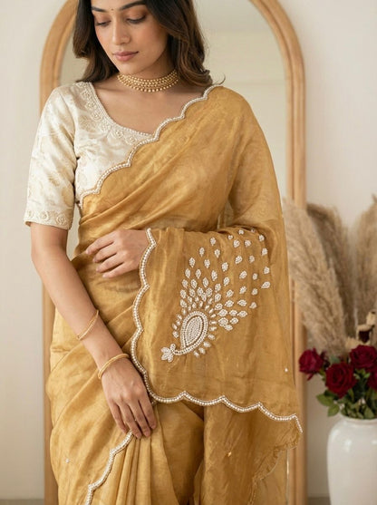 Gold peacock saree with stitched blouse