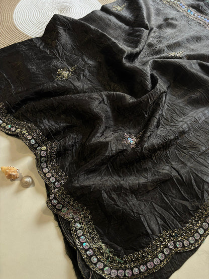 New gold crush saree with stitched blouse