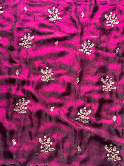 Soft silk with beads flower work saree with stitched blouse