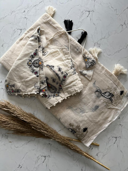 Chanderi Cotton Saree With Multy Thread Cow, Horse Work And Cotton Tussles with stitched blouse