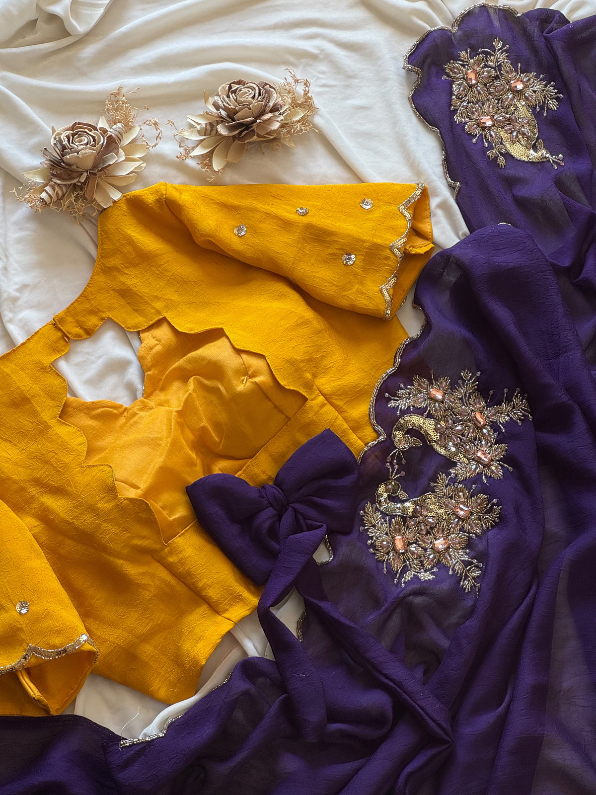 Rangoli purple yellow crush saree with stitched blouse