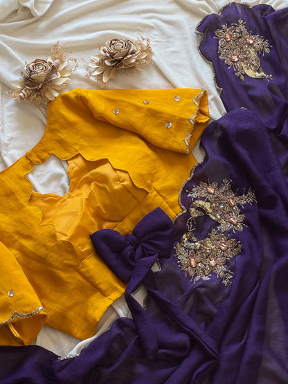 Rangoli purple yellow crush saree with stitched blouse