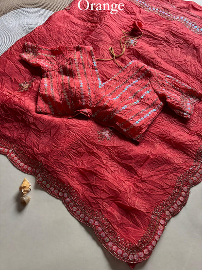 New gold crush saree with stitched blouse