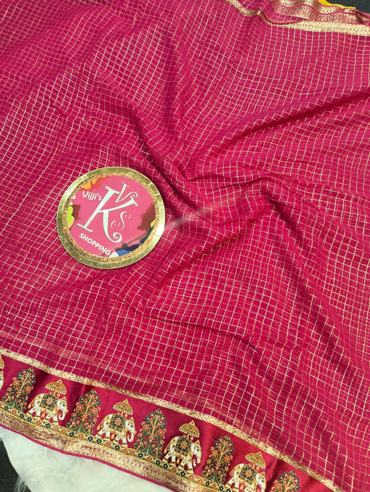 Budget viscose check with satin border golden zari white elephant saree