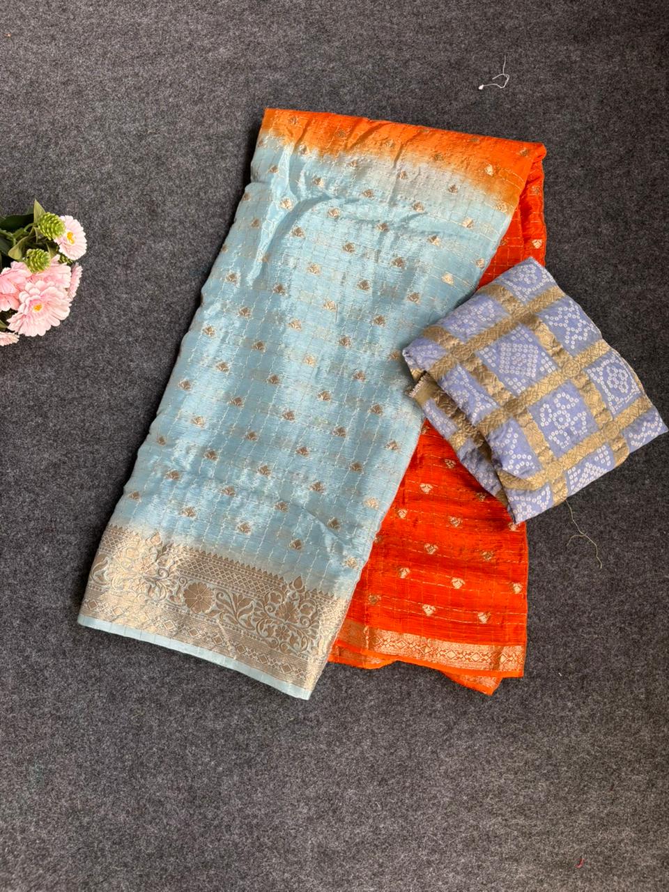 2d shade vintage Chinnon saree with Bandhani  style