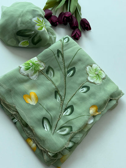Budget chiffon Handpaint with heavy hand work saree