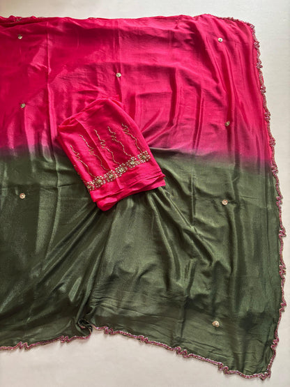 Trendy dyeing Chinon two shades with 3 layers curdana sarees