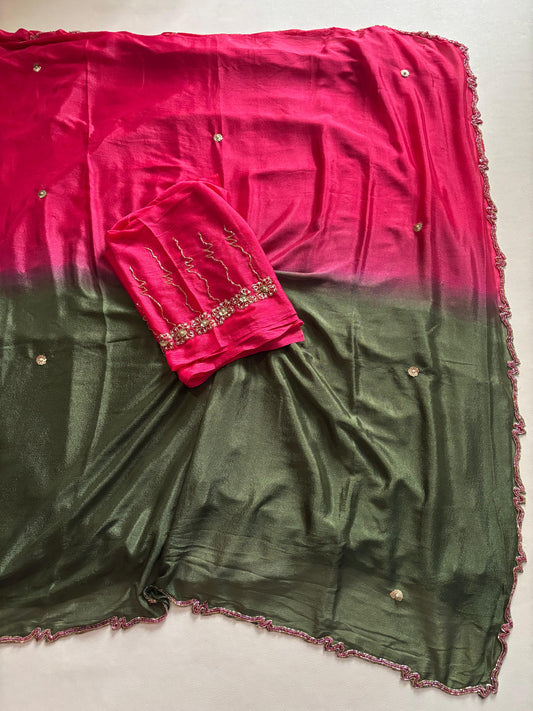 Trendy dyeing Chinon two shades with 3 layers curdana sarees