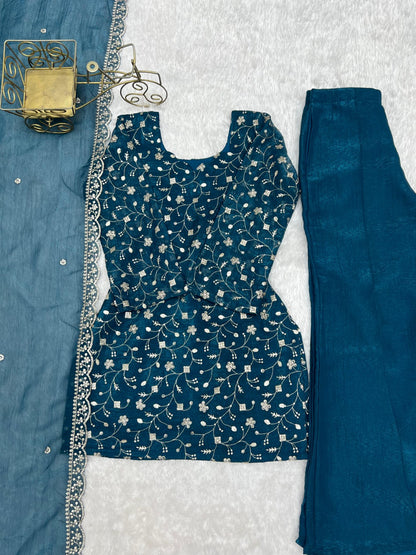 Crunchy Silk Fabric With Embroidery Sequence kurti sets model