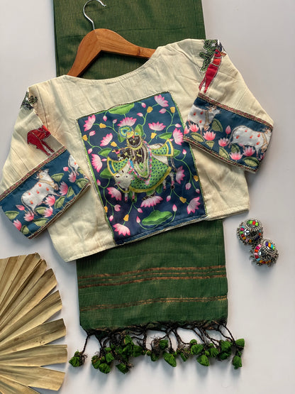 Khadi cotton saree with applic  work  stitches blouse