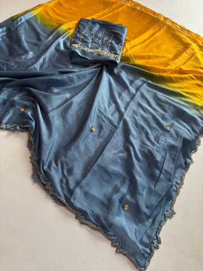 Trendy dyeing Chinon two shades with 3 layers curdana sarees