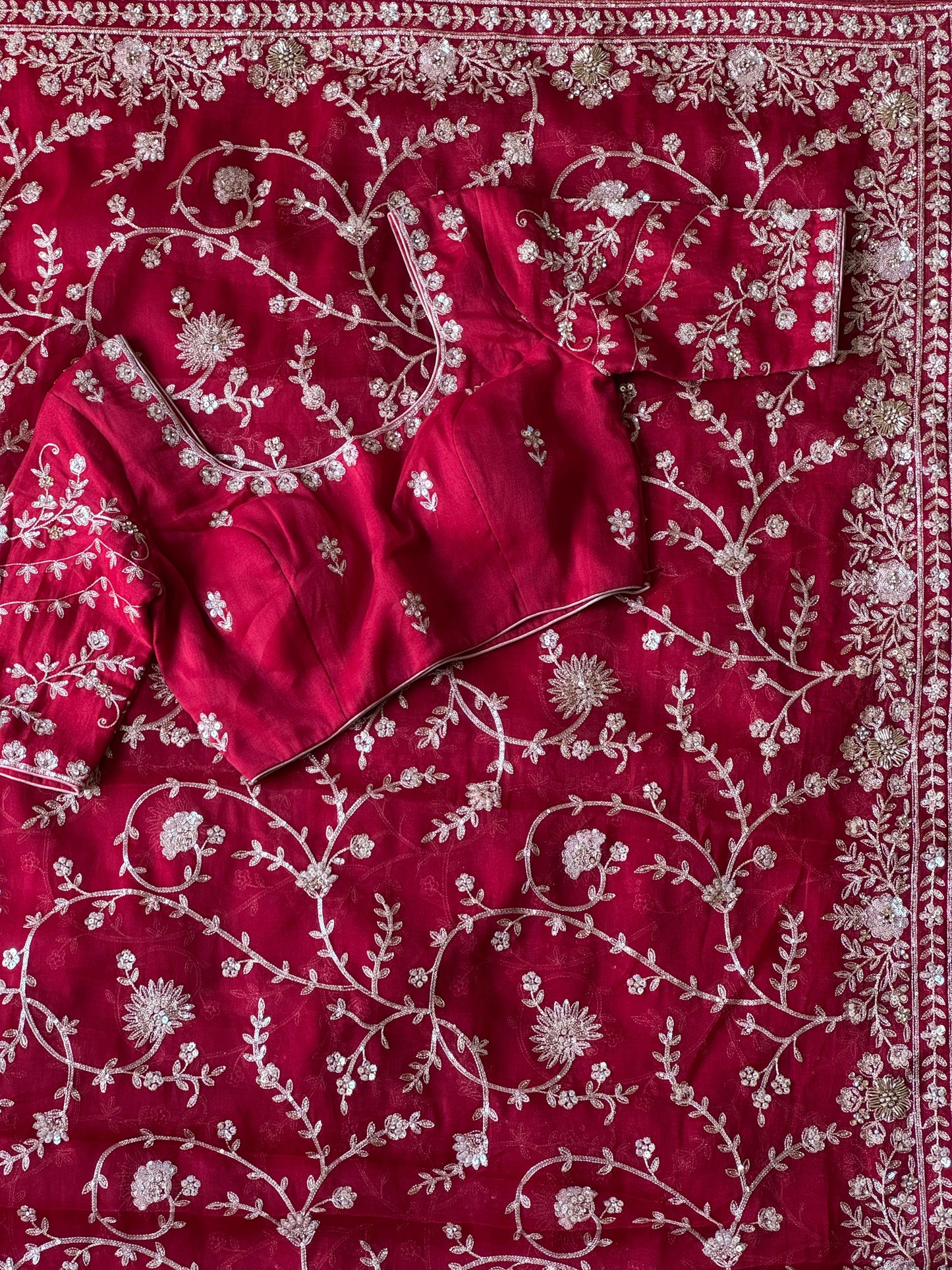Cherry Aari Work And Handwork saree with stitched Luxe blouse