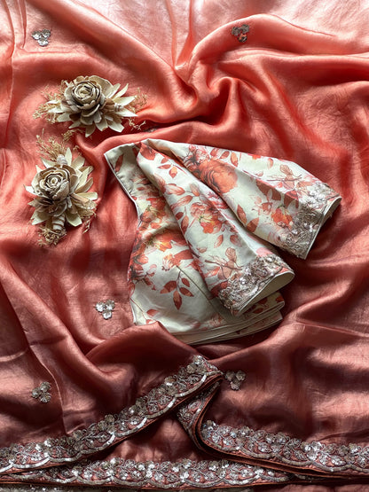Orange garden  coating sequence saree with stitched blouse