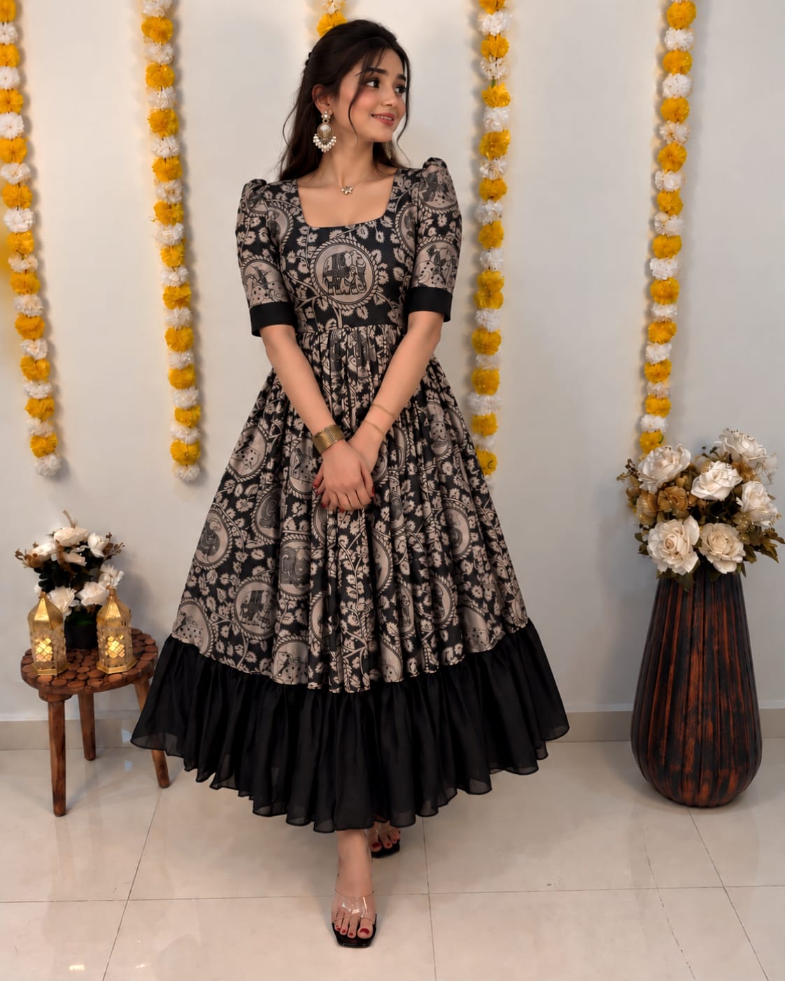Traditional Kalamkari Gowns with a Stylish Contrast Color Fusion