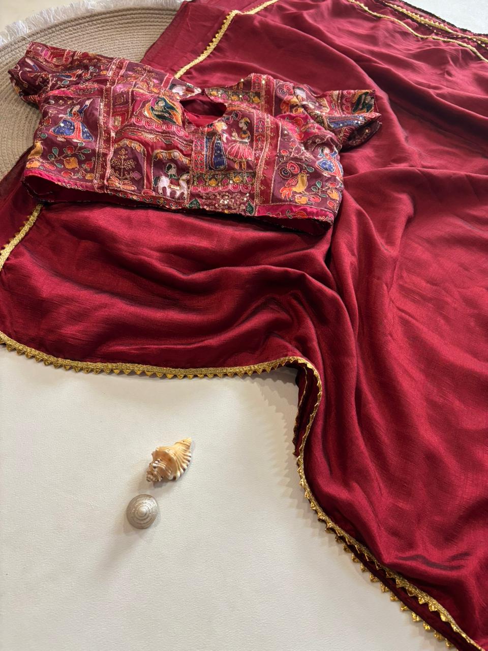 Rajaranu Position Stitched Blouses with Vichitra Silk saree