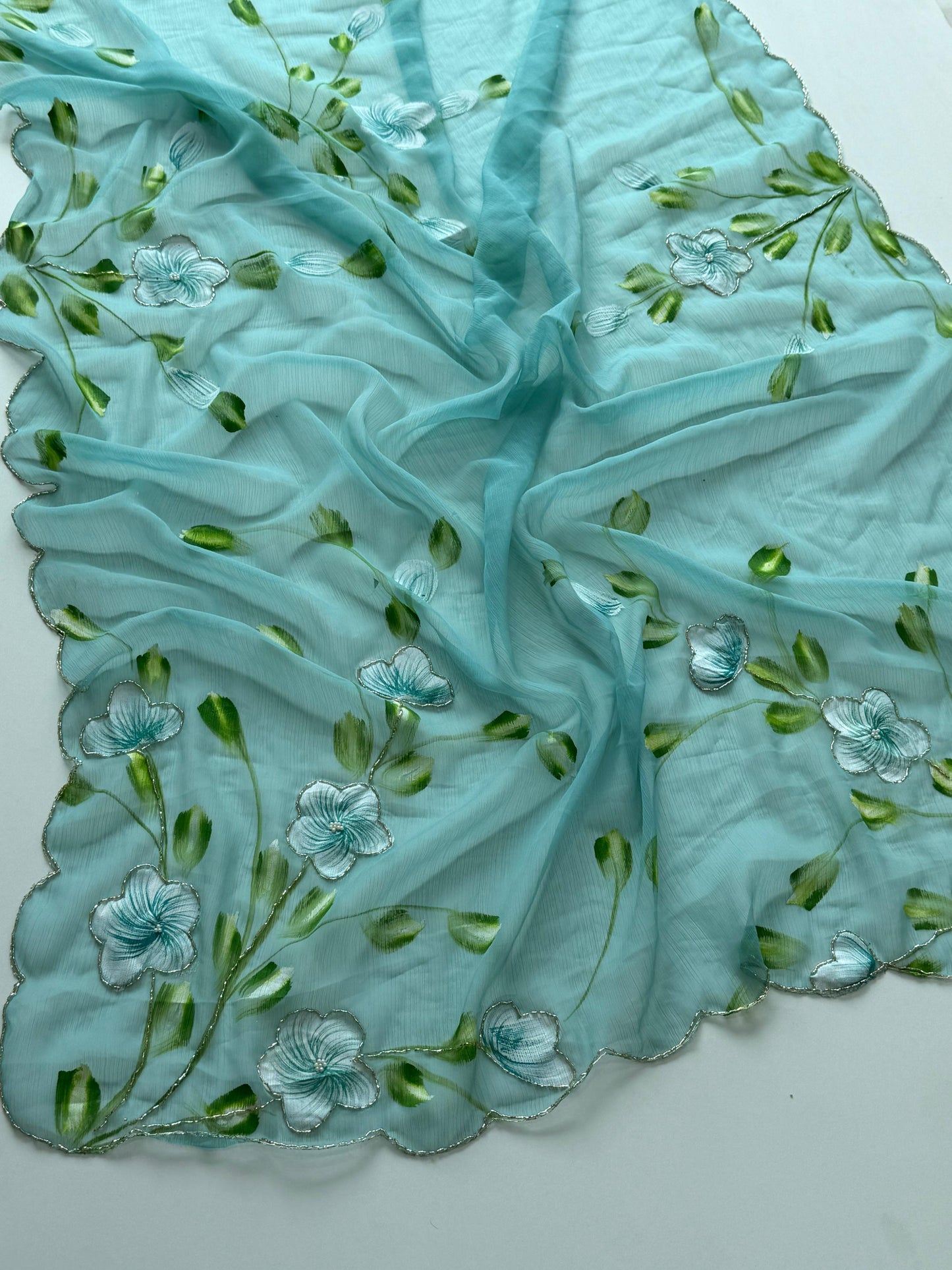 Budget chiffon Handpaint with heavy hand work saree