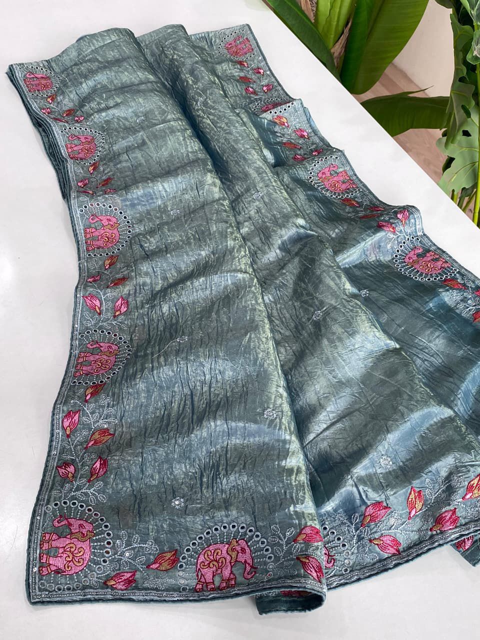 Crush silk embroidery trendy look saree