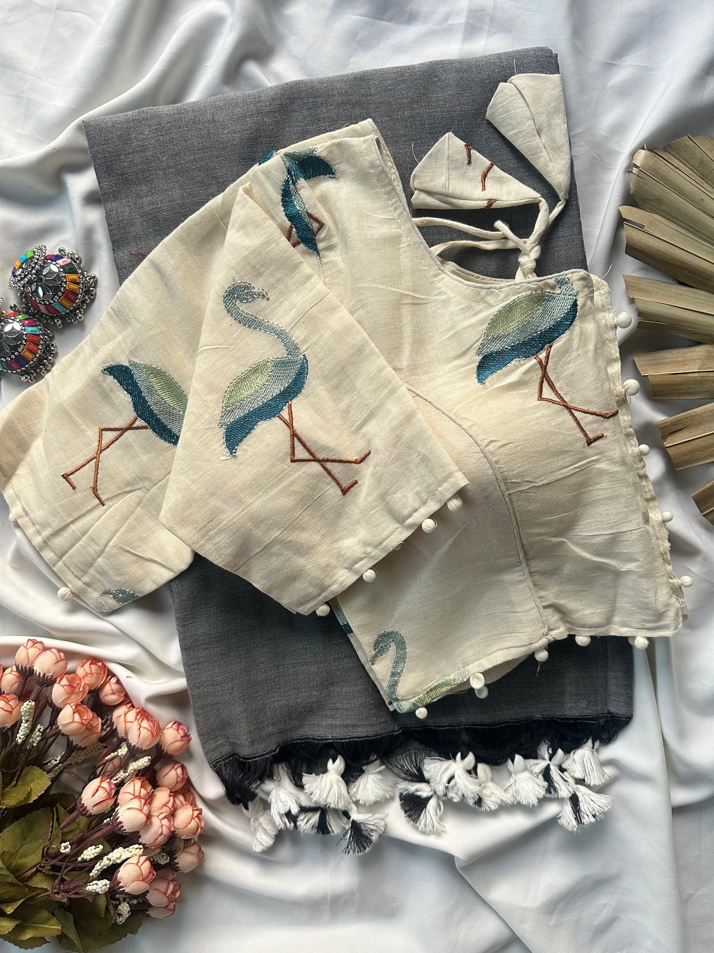 Khadi cotton with stitched Flamingo blouse