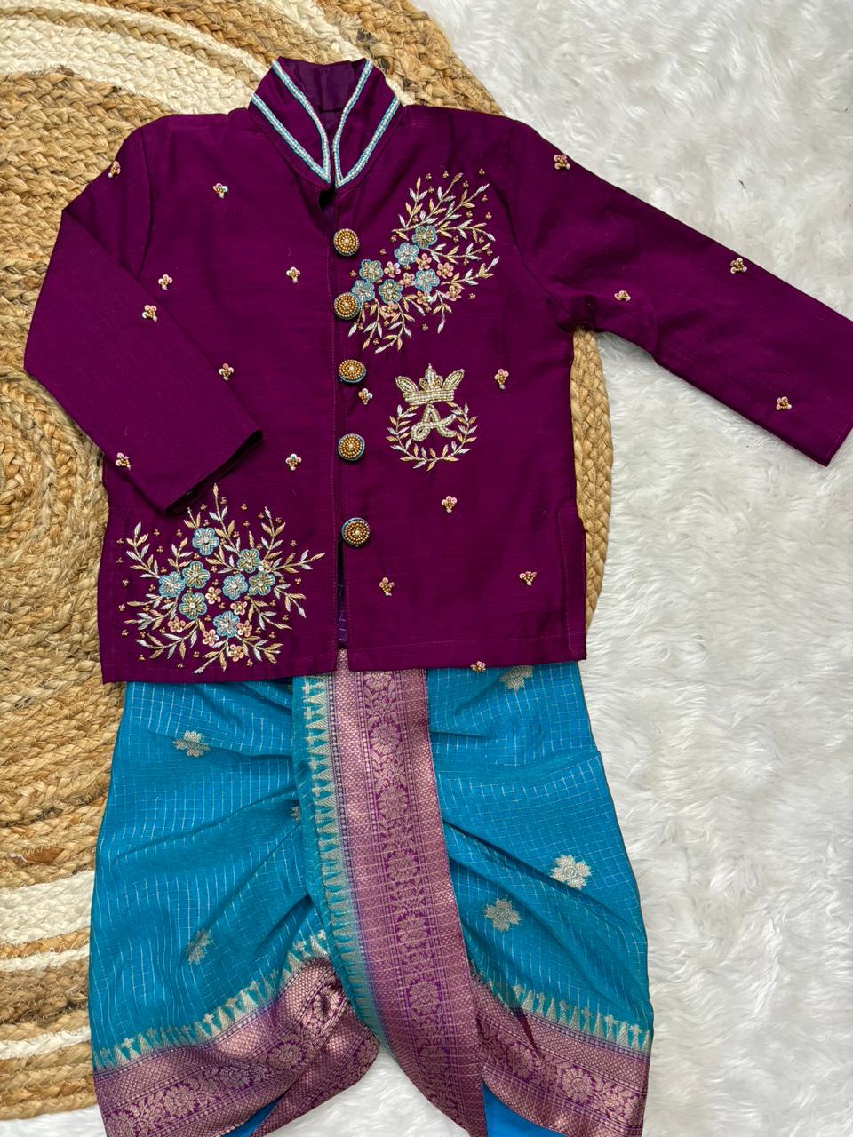 Banaras Silk Kids Wear with Maggam Handwork with boys dhoti with kurta sets
