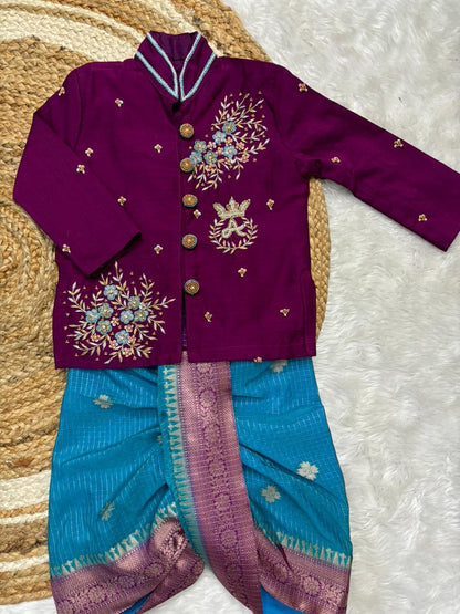 Banaras Silk Kids Wear with Maggam Handwork with boys dhoti with kurta sets
