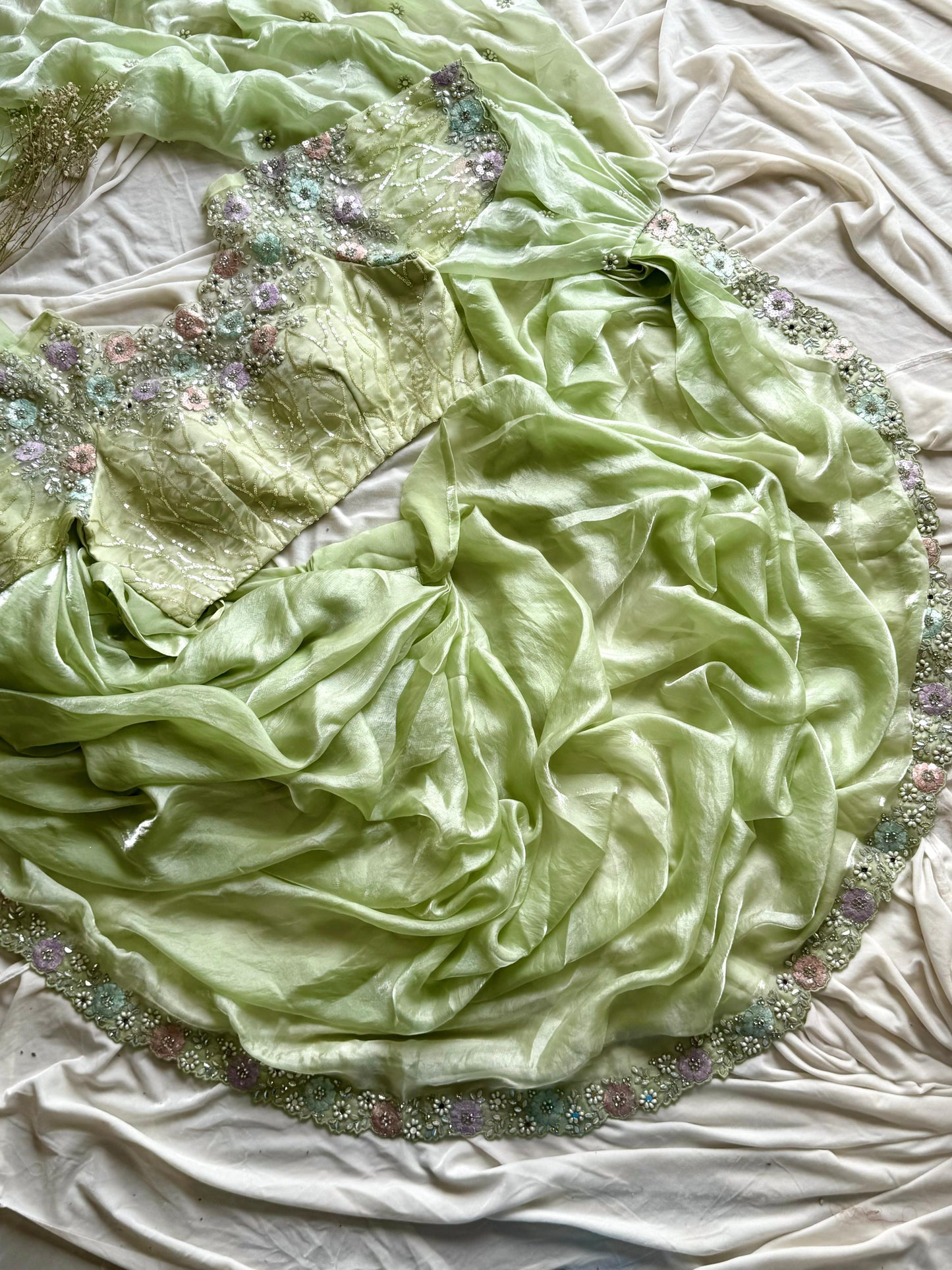 Luxe pista green 1 min saree with stitched blouse