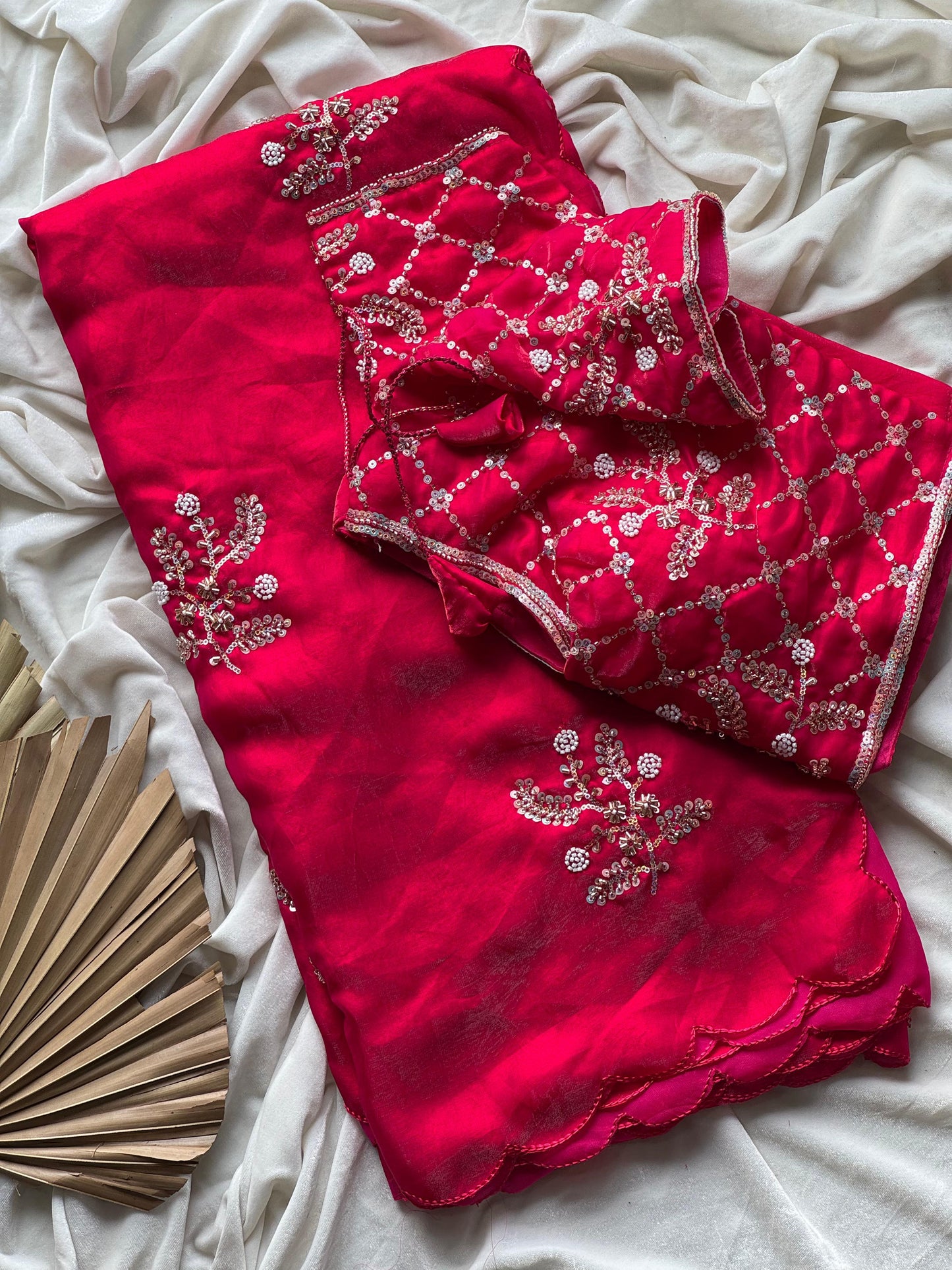Soft silk with beads flower work saree with stitched blouse