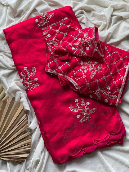 Soft silk with beads flower work saree with stitched blouse