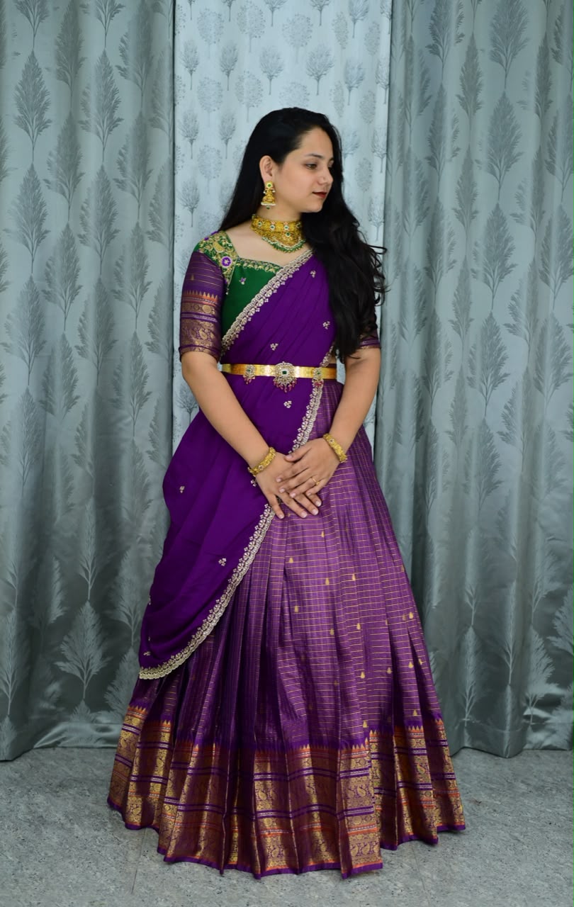 Semi kanchi check maggam work festival lehenga