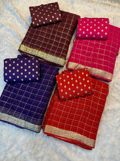 Trendy pure soft checks Chinon saree