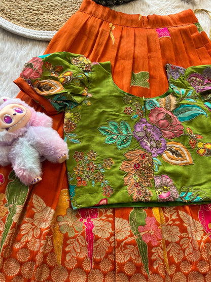 Kids lehenga made from viscose tissue silk is