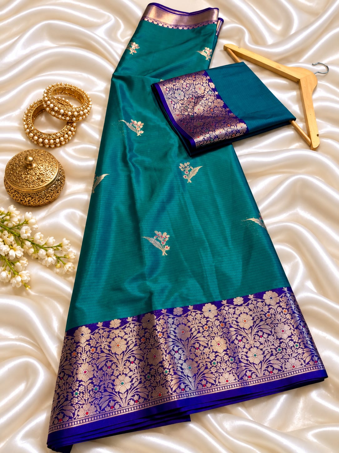 Banarasi Soft Katan Silk Saree – Contrast Pattu Border & Zari Butti