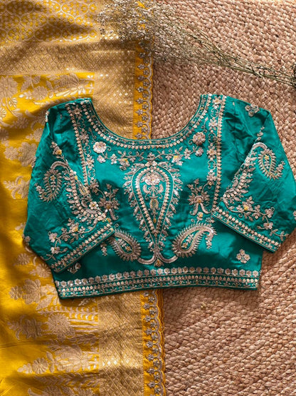 Luxe saree with stitched blouse Munga haldirasam saree