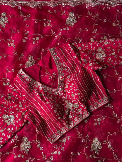 Raspberry Luxe Coctail Handwork saree with stitched blouse