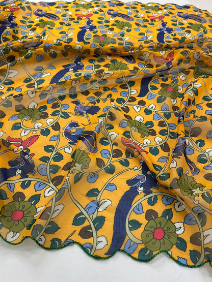 Budget Georgette scallop border saree with mirror saree