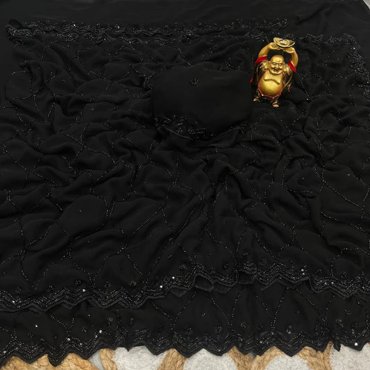 Trending black beauty georgette velvet shine saree