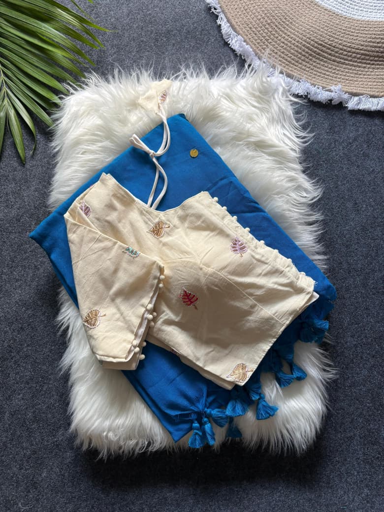 Khadi Cotton  saree with fully stitched Embroidery Blouse