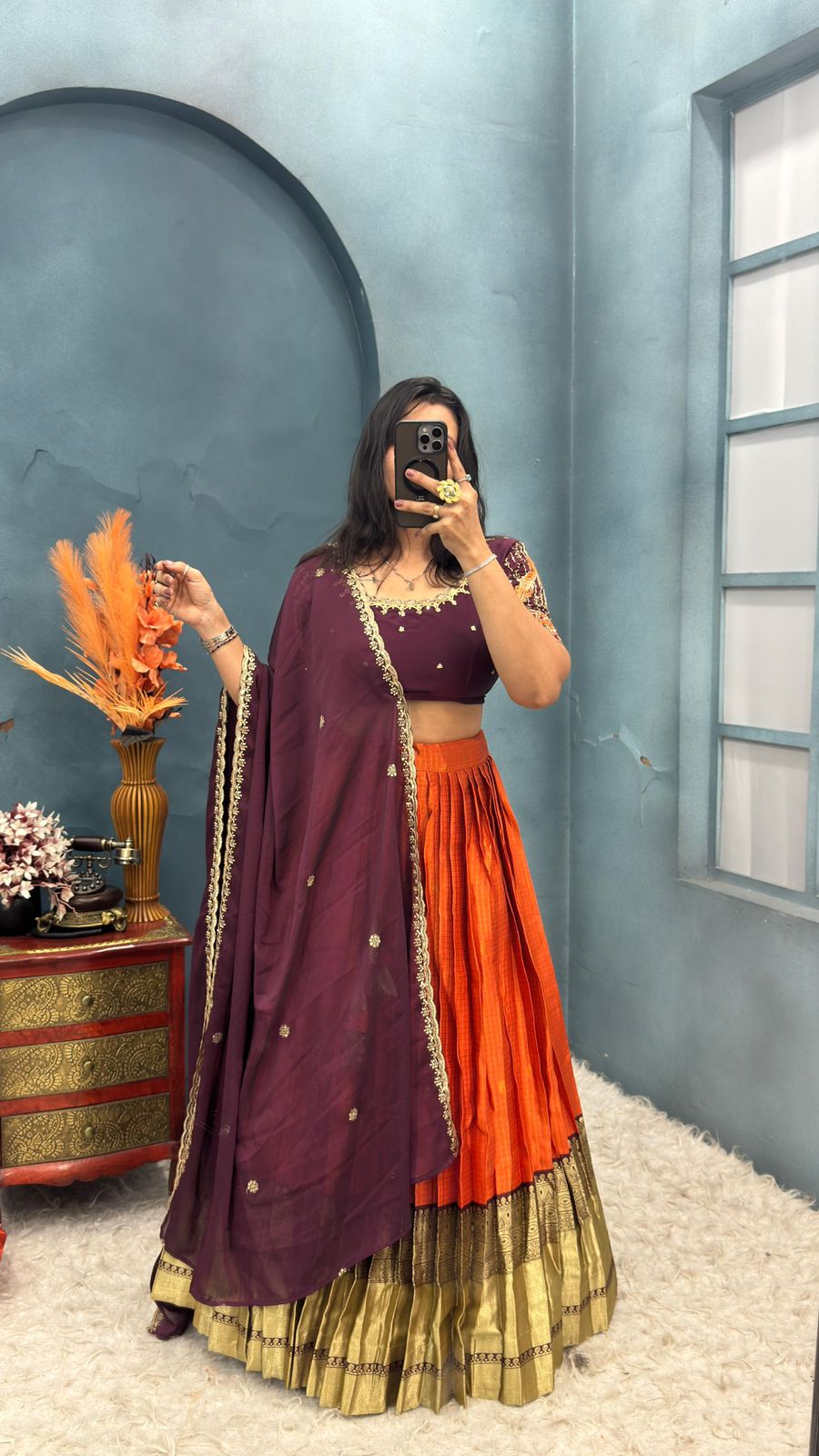 Kanchipuram Orange Trendy Aesthetic Designer Lehenga