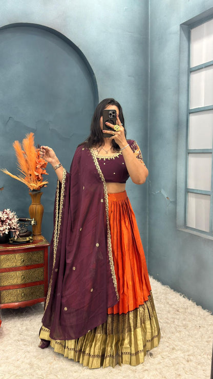 Kanchipuram Orange Trendy Aesthetic Designer Lehenga